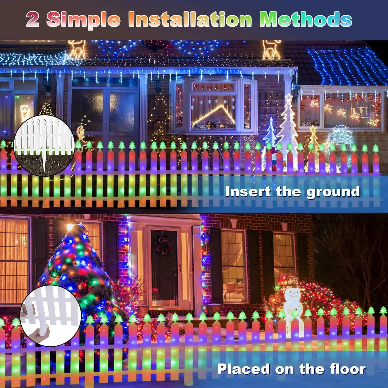 10FT 336 LED with 8 Modes, Waterproof Plastic Picket Fence Lights for Outdoor/Indoor Garden, Patio, Yard, and Landscape Christmas Tree Fence Decoration.Christmas Lights Decorative Lights.