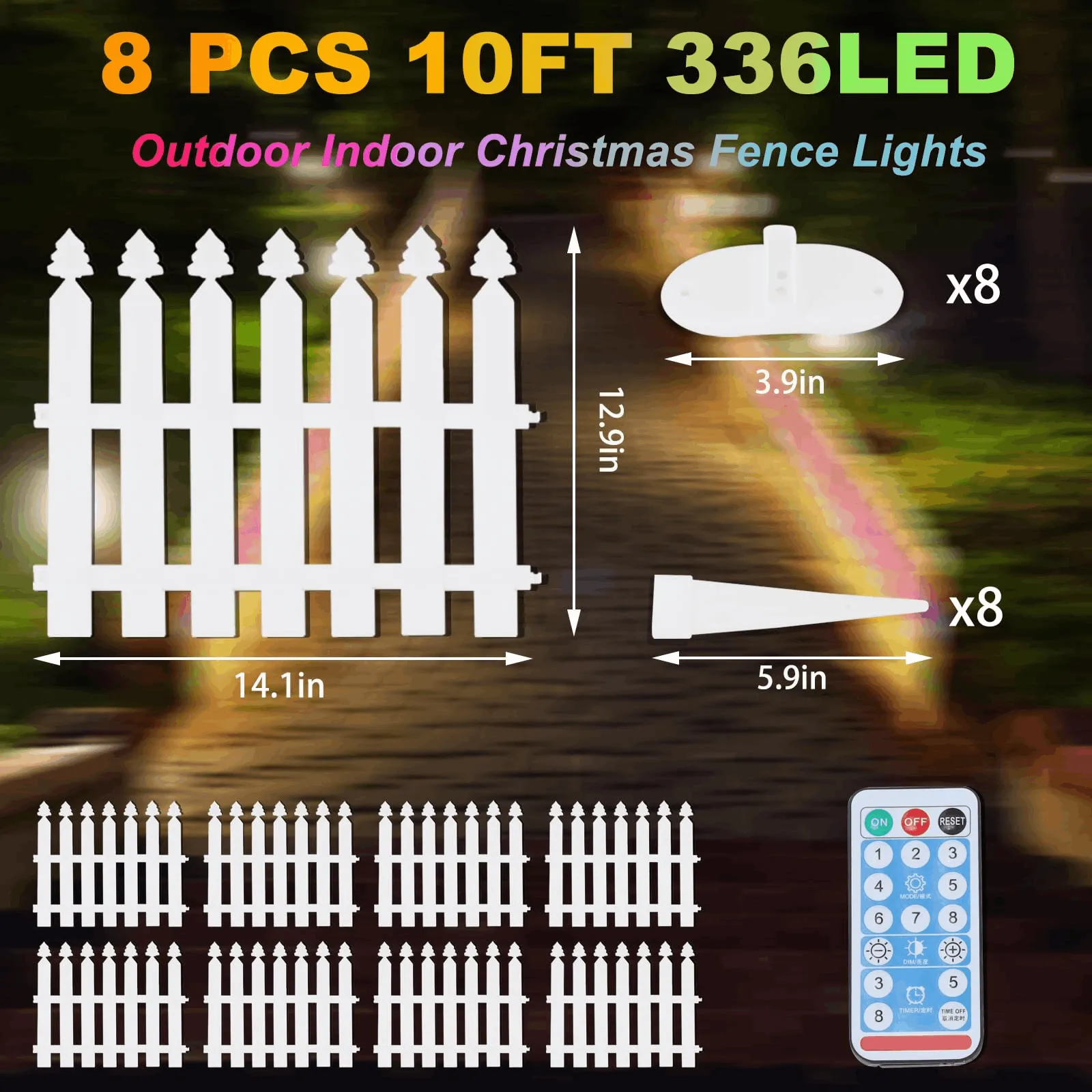 10FT 336 LED with 8 Modes, Waterproof Plastic Picket Fence Lights for Outdoor/Indoor Garden, Patio, Yard, and Landscape Christmas Tree Fence Decoration.Christmas Lights Decorative Lights.
