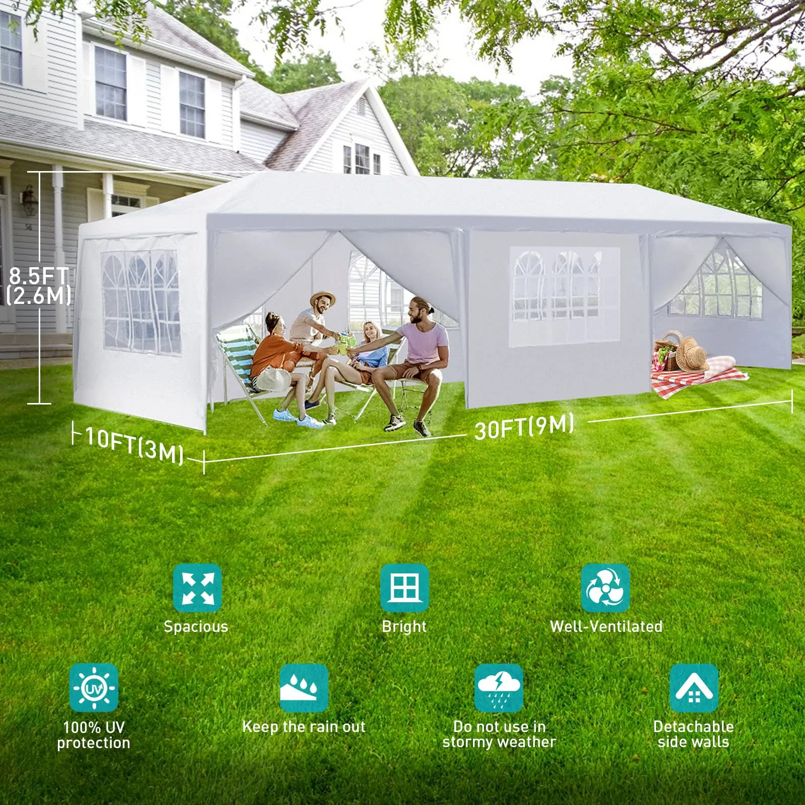10x30 Party Tent, Outdoor Tents for Parties, White Wedding Tent, Event Tent, Large Canopy Tent with 8 Removable Sidewalls, Big Gazebo Tent for Backyard, Garden