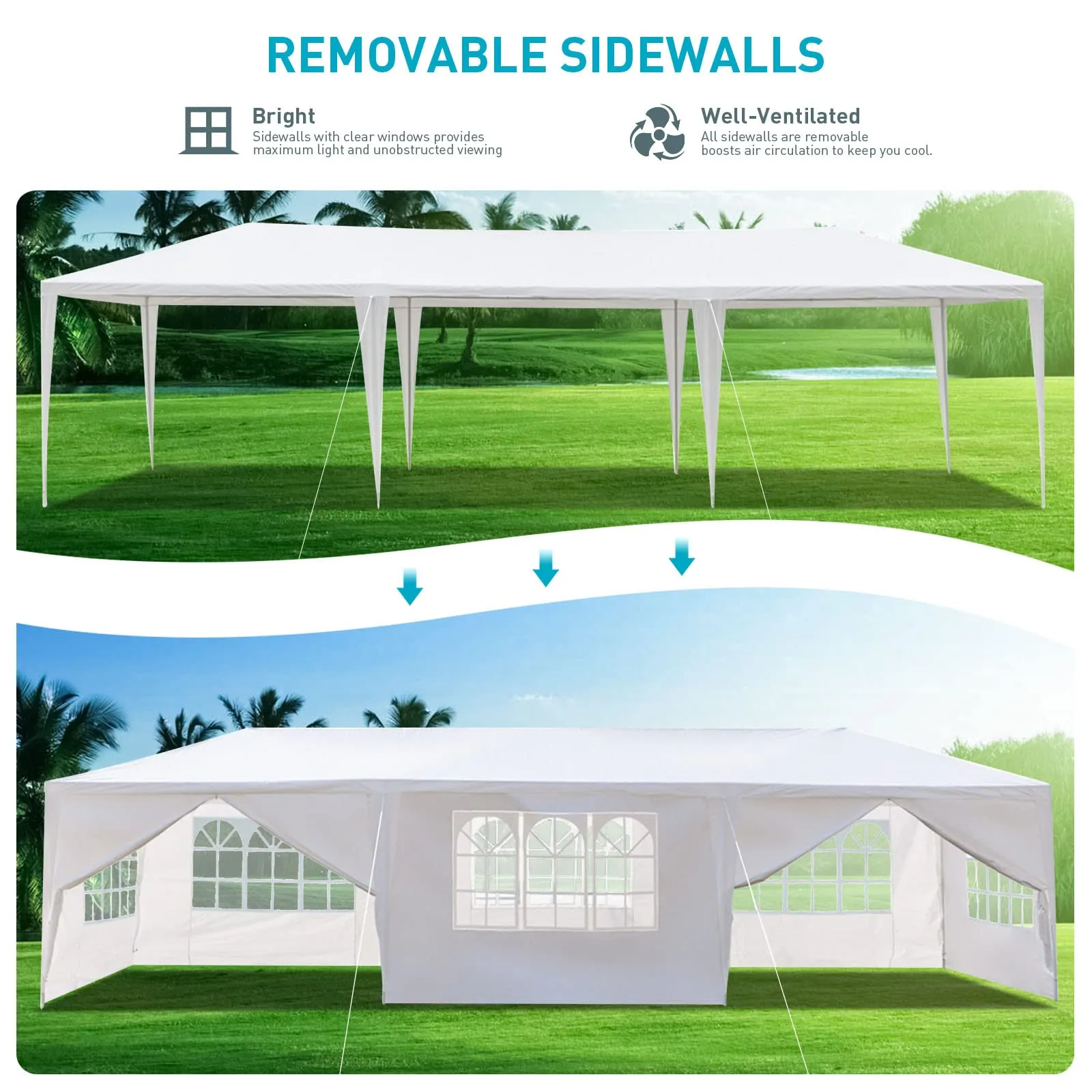 10x30 Party Tent, Outdoor Tents for Parties, White Wedding Tent, Event Tent, Large Canopy Tent with 8 Removable Sidewalls, Big Gazebo Tent for Backyard, Garden