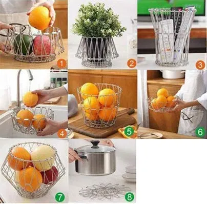 3040 Multipurpose Fruit Basket Stainless Steel Wire Bowl Foldable Basket for Vegetable  /  Fruits  /  Dining