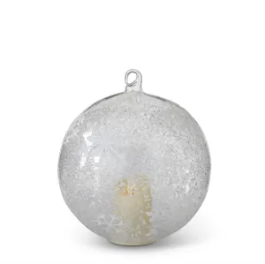 6 Inch LED Ice Textured Clear Glass Ornament w/White Snow