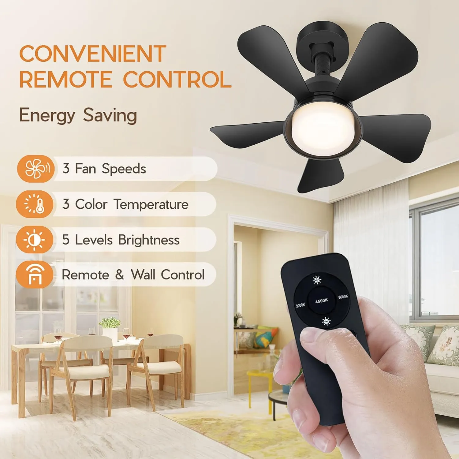 Black Ceiling Fan with Light, 3 Light Color Dimmable Ceiling Fans with Lights and Remote, E26/E27 Standard Light Base, Modern Flush Mount Low Profile Ceiling Fan for Bedroom