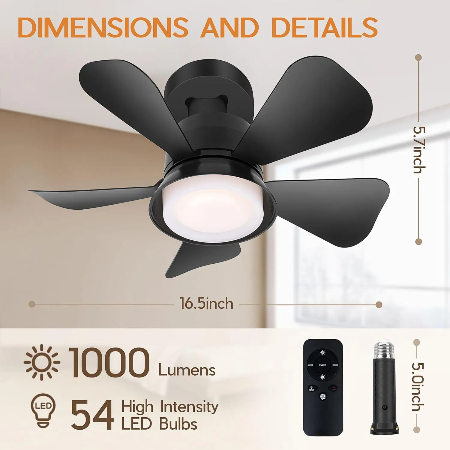 Black Ceiling Fan with Light, 3 Light Color Dimmable Ceiling Fans with Lights and Remote, E26/E27 Standard Light Base, Modern Flush Mount Low Profile Ceiling Fan for Bedroom