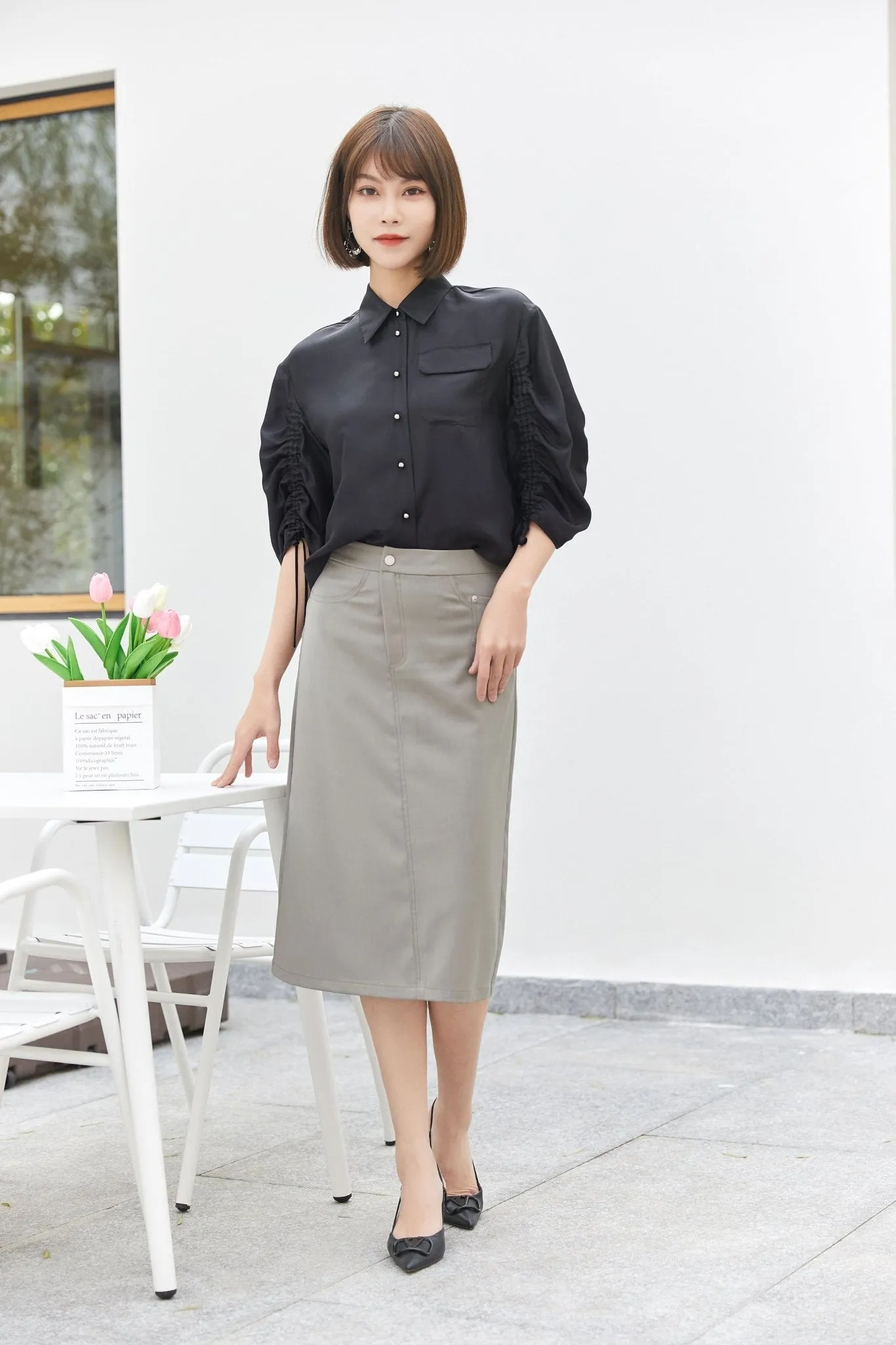 Black Lantern Sleeve Drawstring Shirt