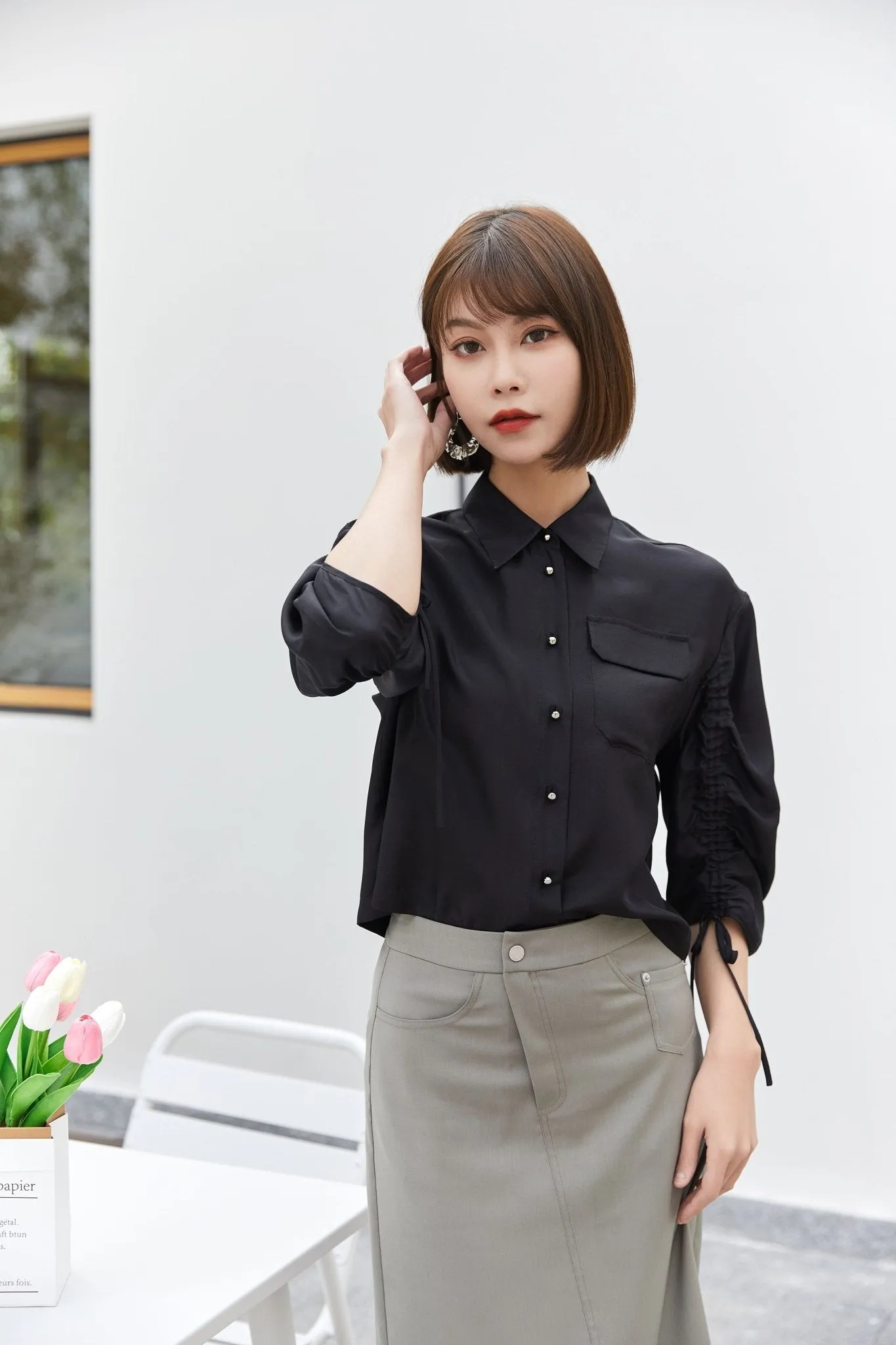 Black Lantern Sleeve Drawstring Shirt