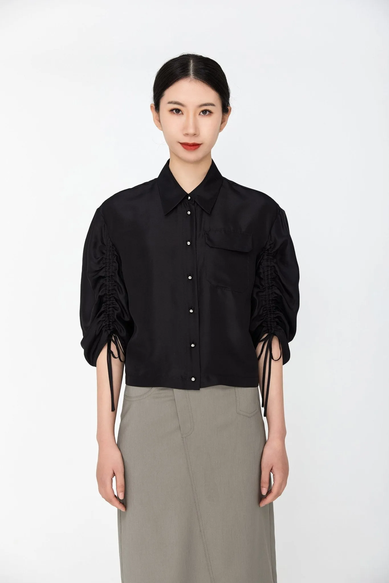 Black Lantern Sleeve Drawstring Shirt