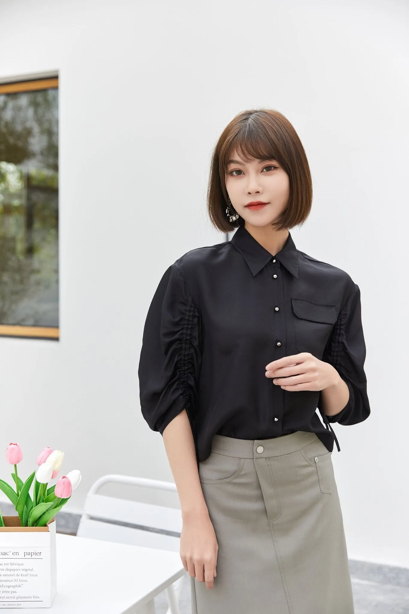Black Lantern Sleeve Drawstring Shirt