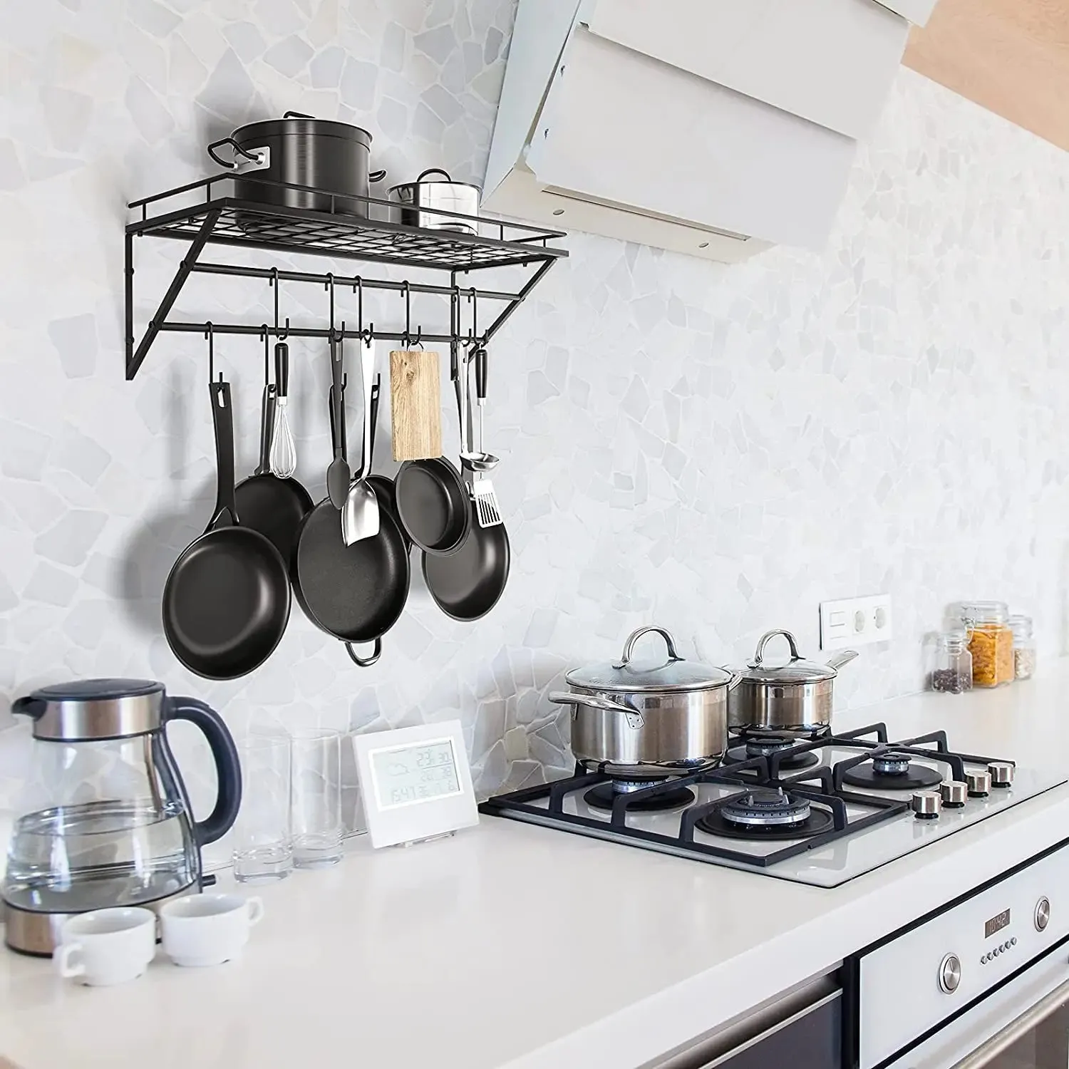 Black Mounted Kitchen Pot Rack with 12 Hanging Hooks