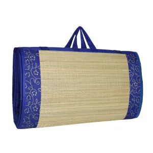 CRAFT OF INDIA - Foldable Mat Korai River Grass (5 X 6.5 ft, Blue Butter Satin Fabric) with 20MM Soft Foam Comfort Cushion and Portable Mattress