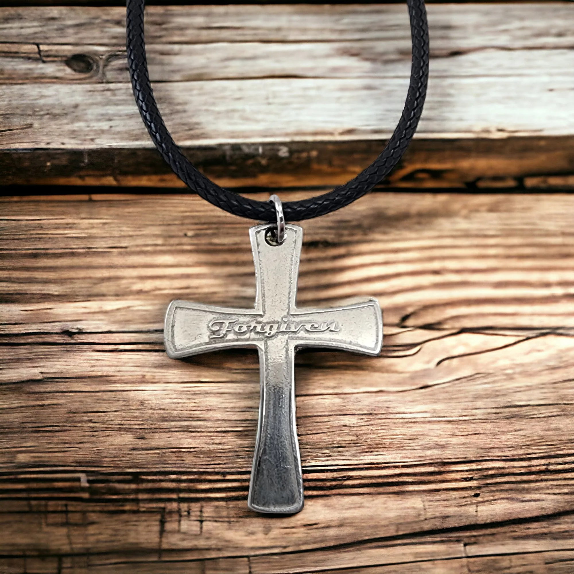Forgiven Cross Antique Silver Metal Finish Black Cord Necklace