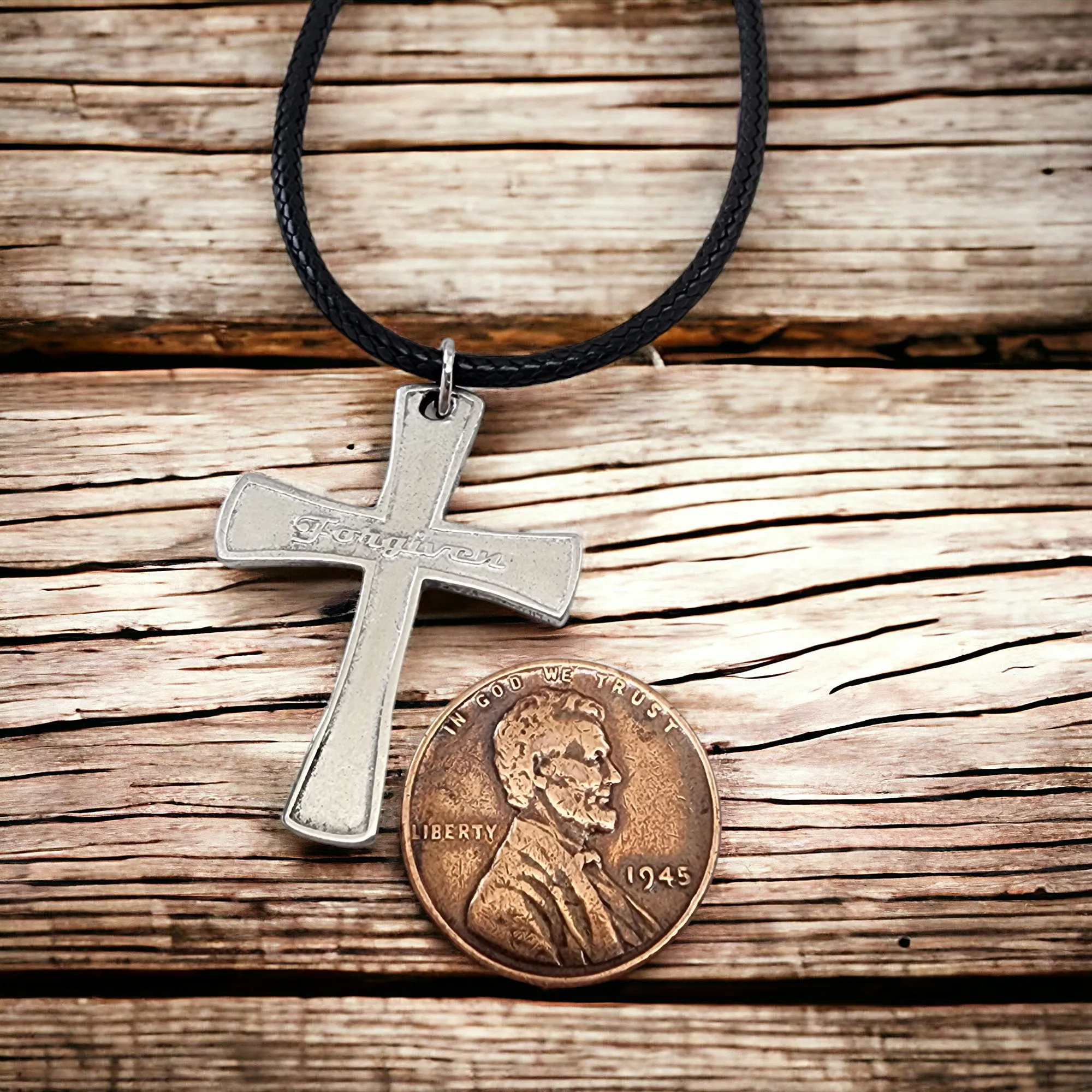 Forgiven Cross Antique Silver Metal Finish Black Cord Necklace