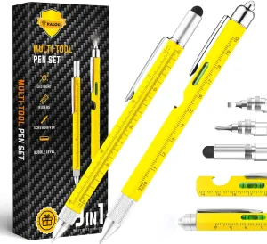Gifts for Dad Men Him,2 Pack Multitool Pen,Multi-tool Pen with [Stylus, Ballpoint Pen, 6 refills, 4" Ruler, Level, Phillips Screwdriver,LED] (Yellow)