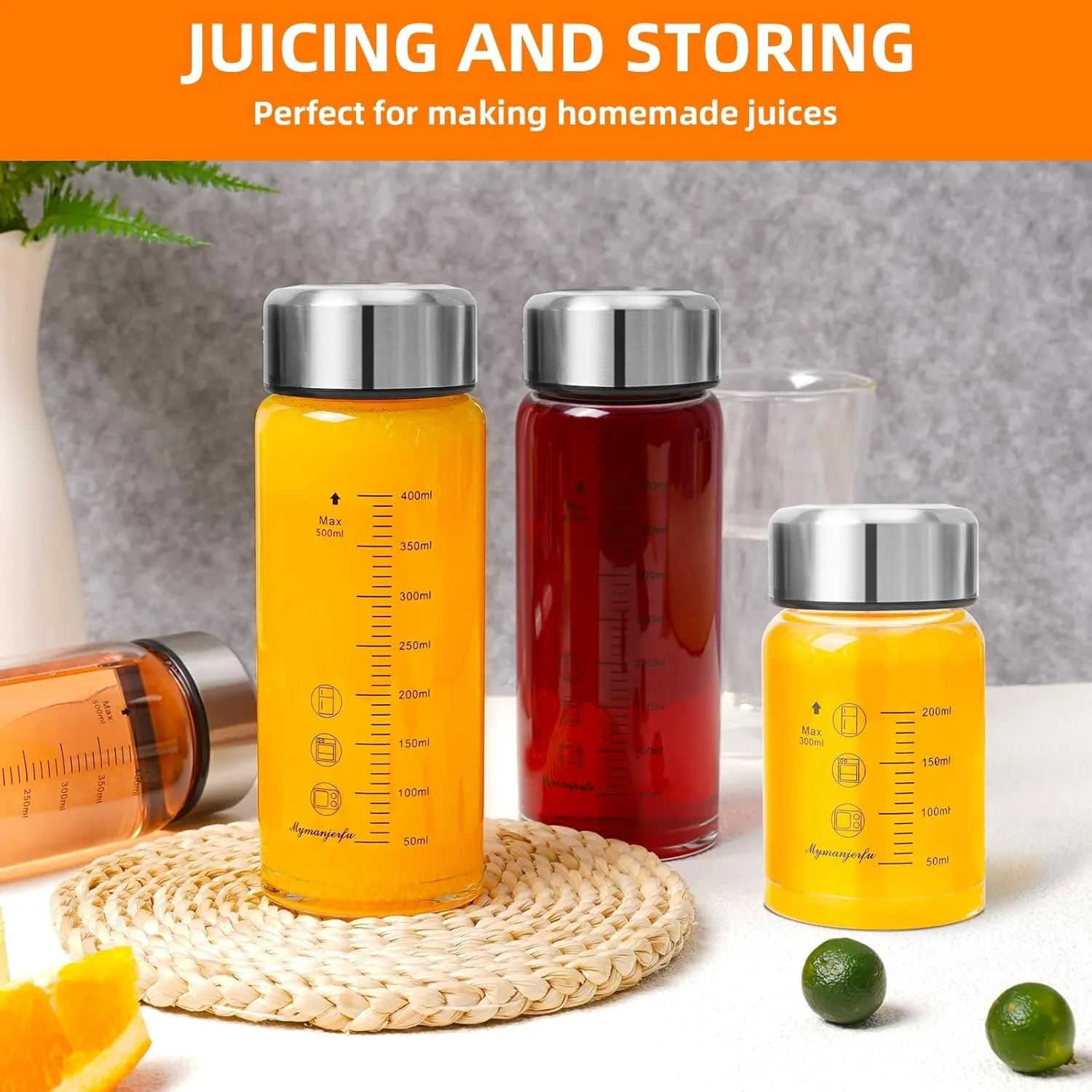 Glass Juice Bottles 20 oz - Wide Mouth Glass Water Bottles with Lids and Sleeve- for Juicing, Smoothies, Milk, Protein, Reusable, Stainless Steel Lids, Leak Proof, Shaker bottle (20oz/600ml)