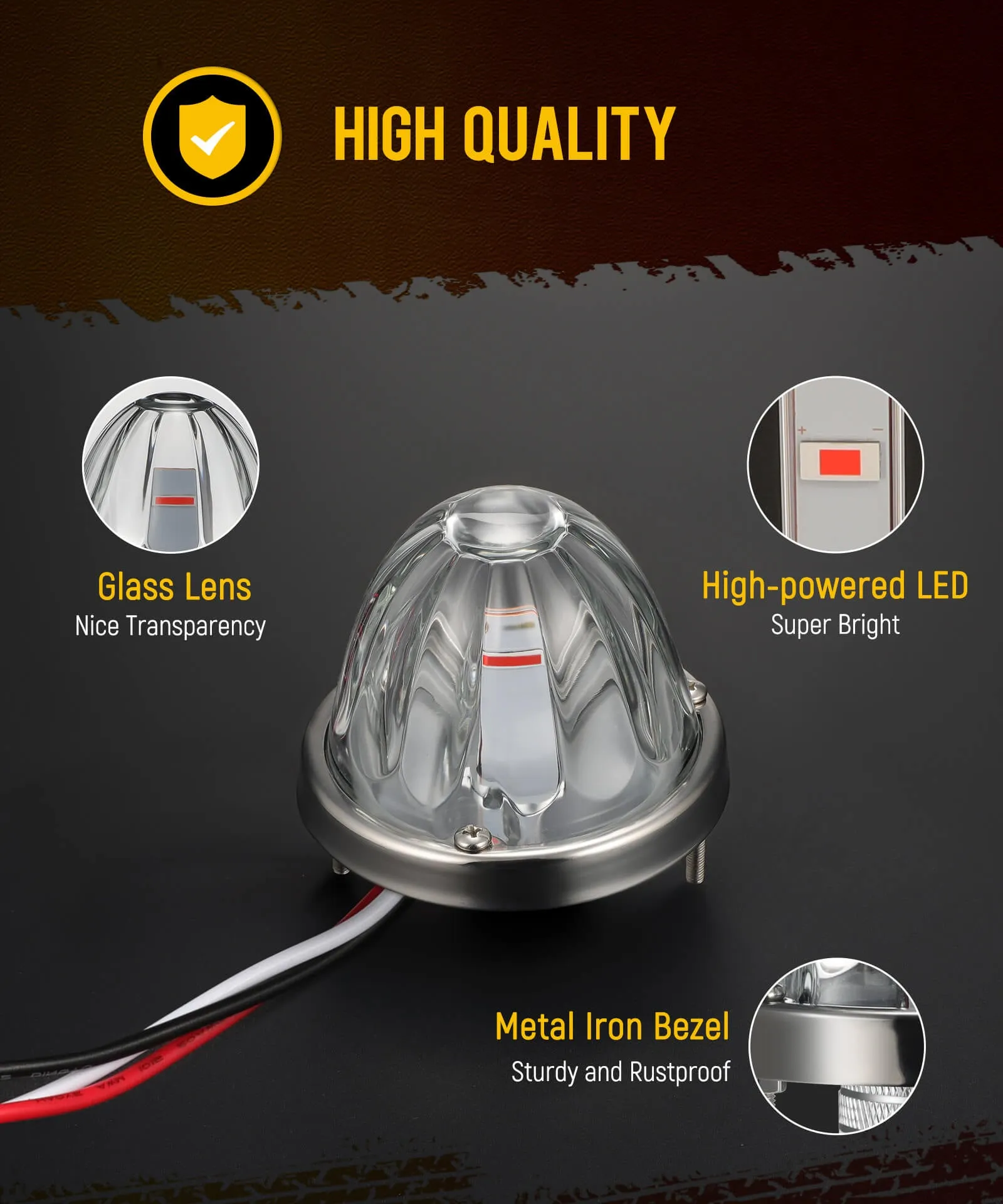 Glass Watermelon Lights Clear Lens Red LED Side Marker Turn Signal Lights with Bezel Replacement for Kenworth Peterbilt Freightliner Truck