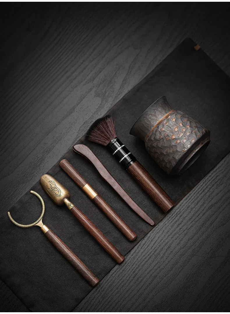 Gohobi Wooden Gongfu Tea Tools Set with Black Gold Holder