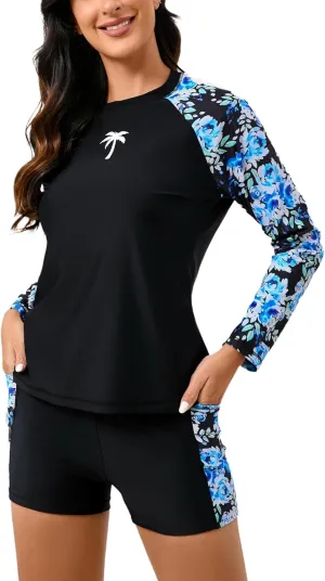 Halcurt Women's Two Piece Rash Guard Swimsuit Long Sleeve UPF 50 Swim Shirt with Board Shorts