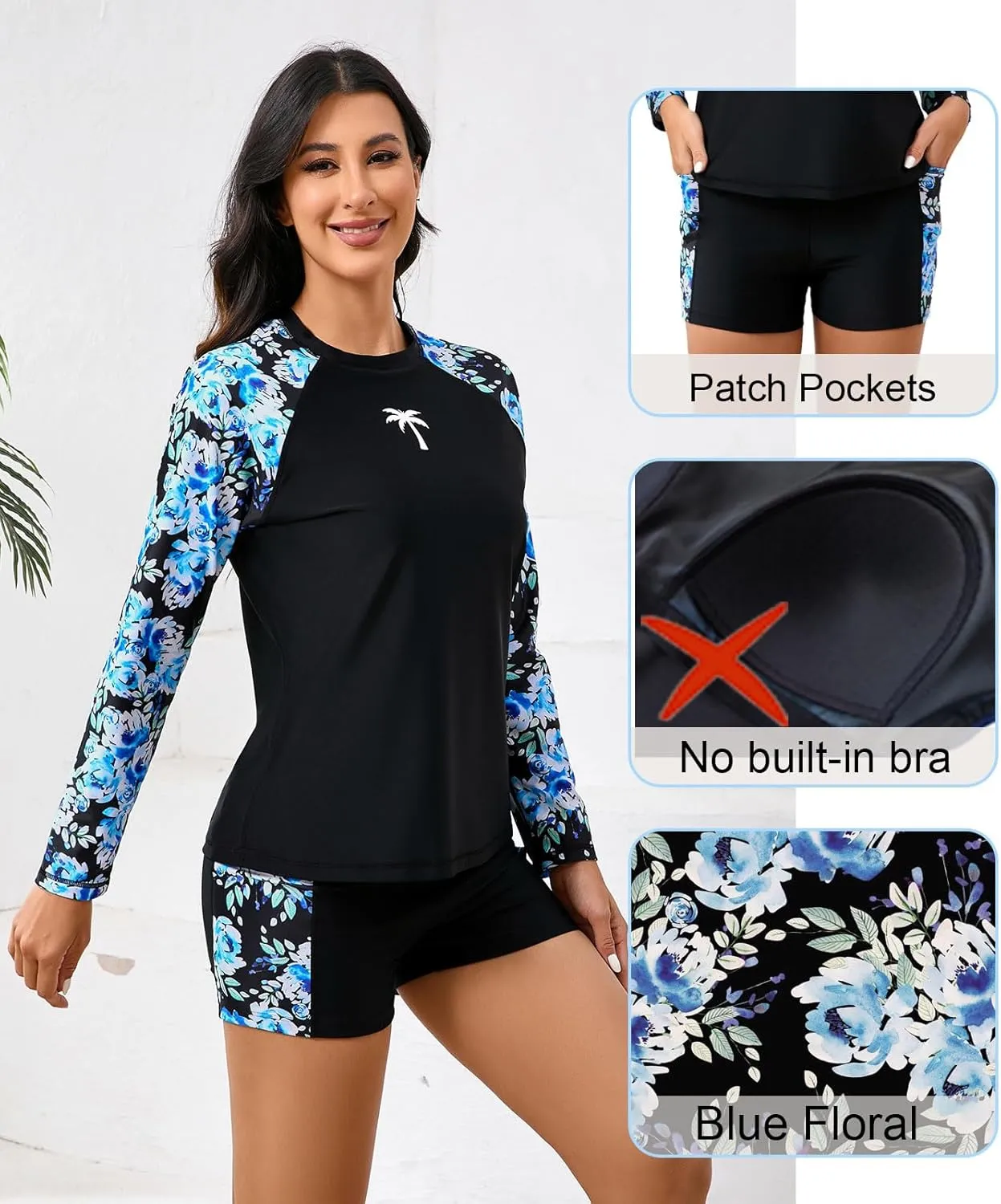 Halcurt Women's Two Piece Rash Guard Swimsuit Long Sleeve UPF 50 Swim Shirt with Board Shorts