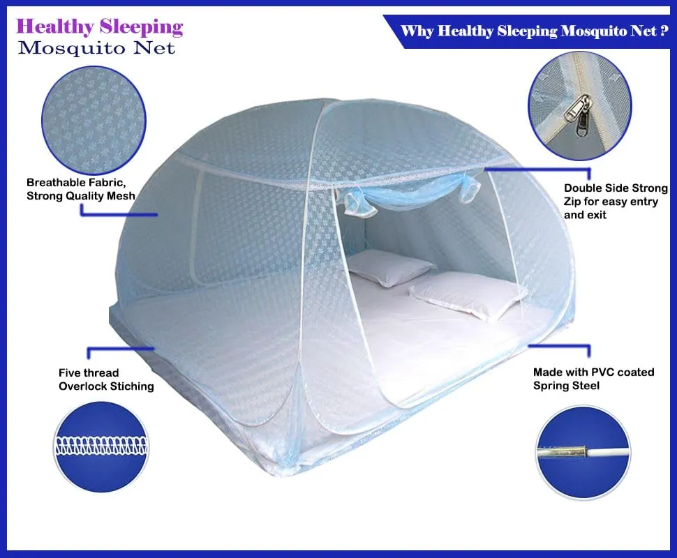 Healthy Sleeping Foldable Pop up Polyester Mosquito Net for Double Bed, Strong & Durable Mosquito Net, King, Queen Size Foldable Machardani (Embroidery Sky Blue 1)