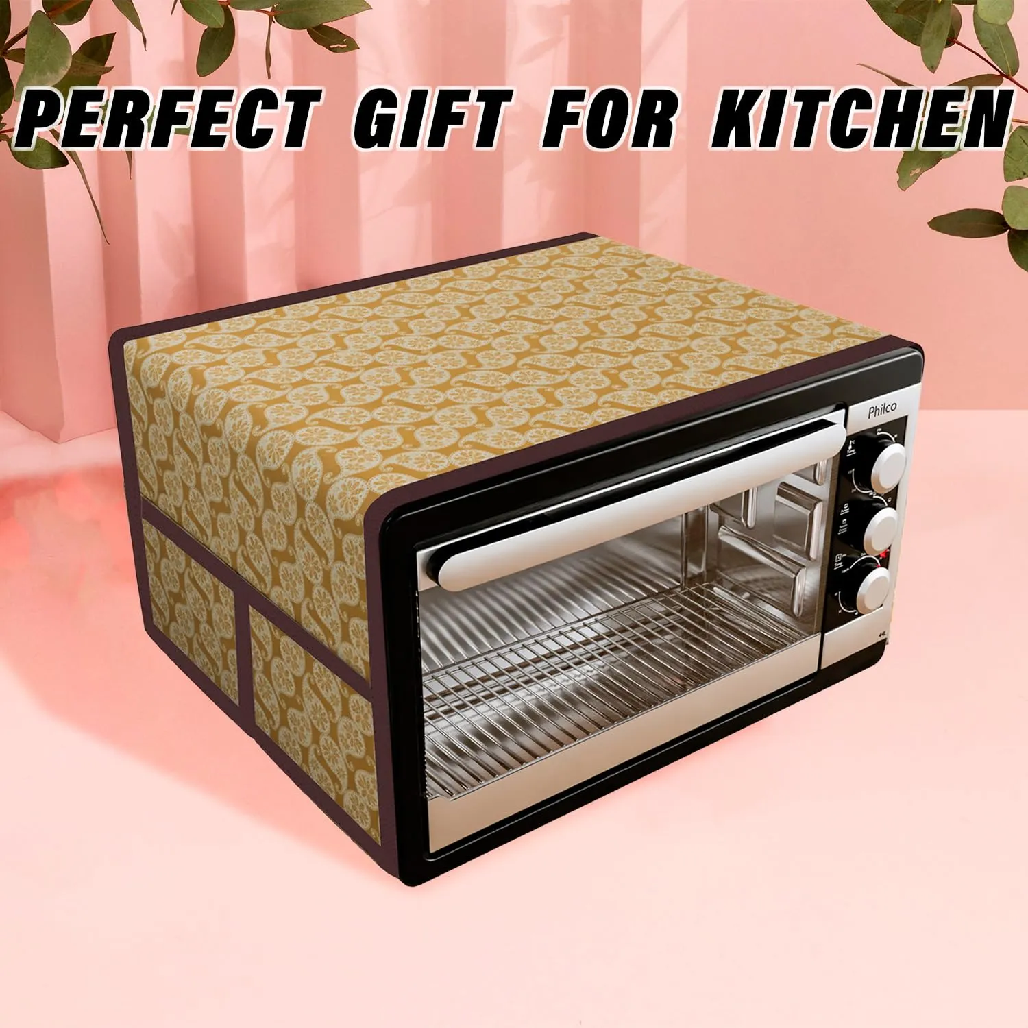 Heart Home Oven Top Cover | Microwave Oven Top Cover | Microwave Cover with 4 Utility Pockets | Oven Cover for Kitchen Décor | Carry Design Oven Top Cover | 28 LTR | Golden