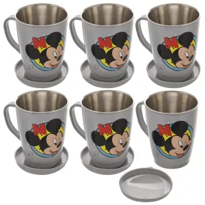 Kuber Industries Mickey Face Printed Food Grade BPA Free Tea/Coffee Mug for Coffee Tea Cocoa, Camping Mugs with Lid, Pack of 6 (Light Grey), Standard