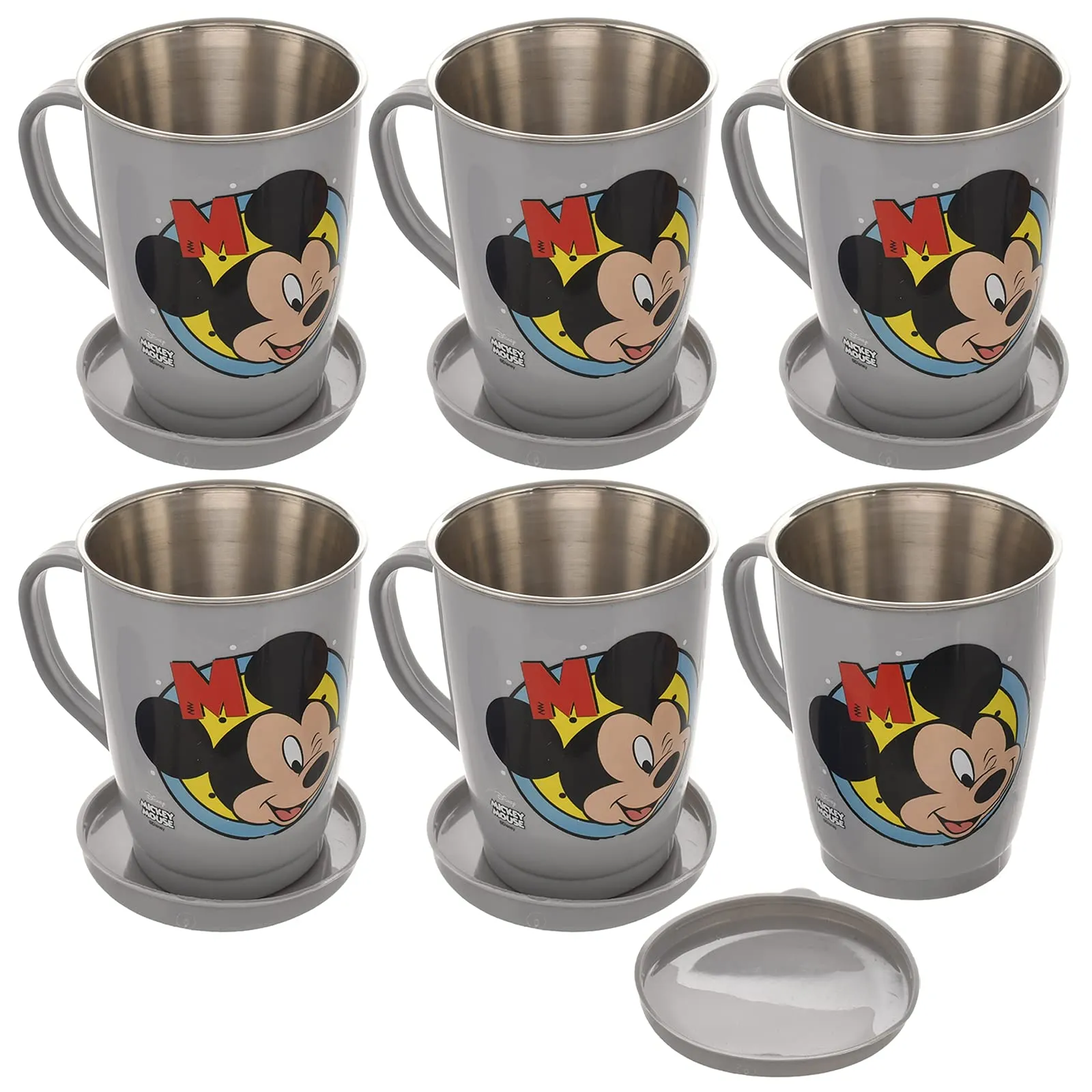 Kuber Industries Mickey Face Printed Food Grade BPA Free Tea/Coffee Mug for Coffee Tea Cocoa, Camping Mugs with Lid, Pack of 6 (Light Grey), Standard