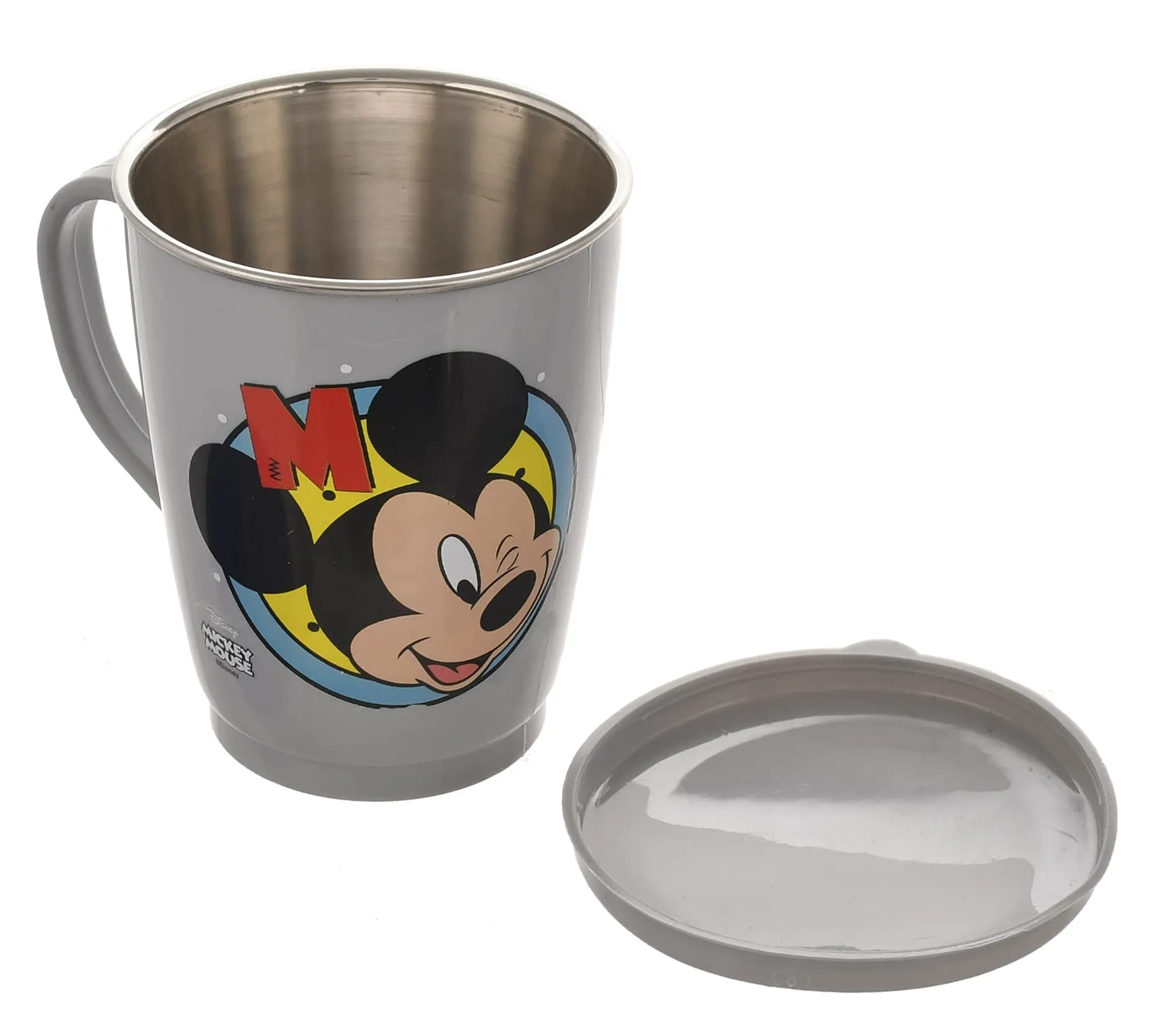 Kuber Industries Mickey Face Printed Food Grade BPA Free Tea/Coffee Mug for Coffee Tea Cocoa, Camping Mugs with Lid, Pack of 6 (Light Grey), Standard