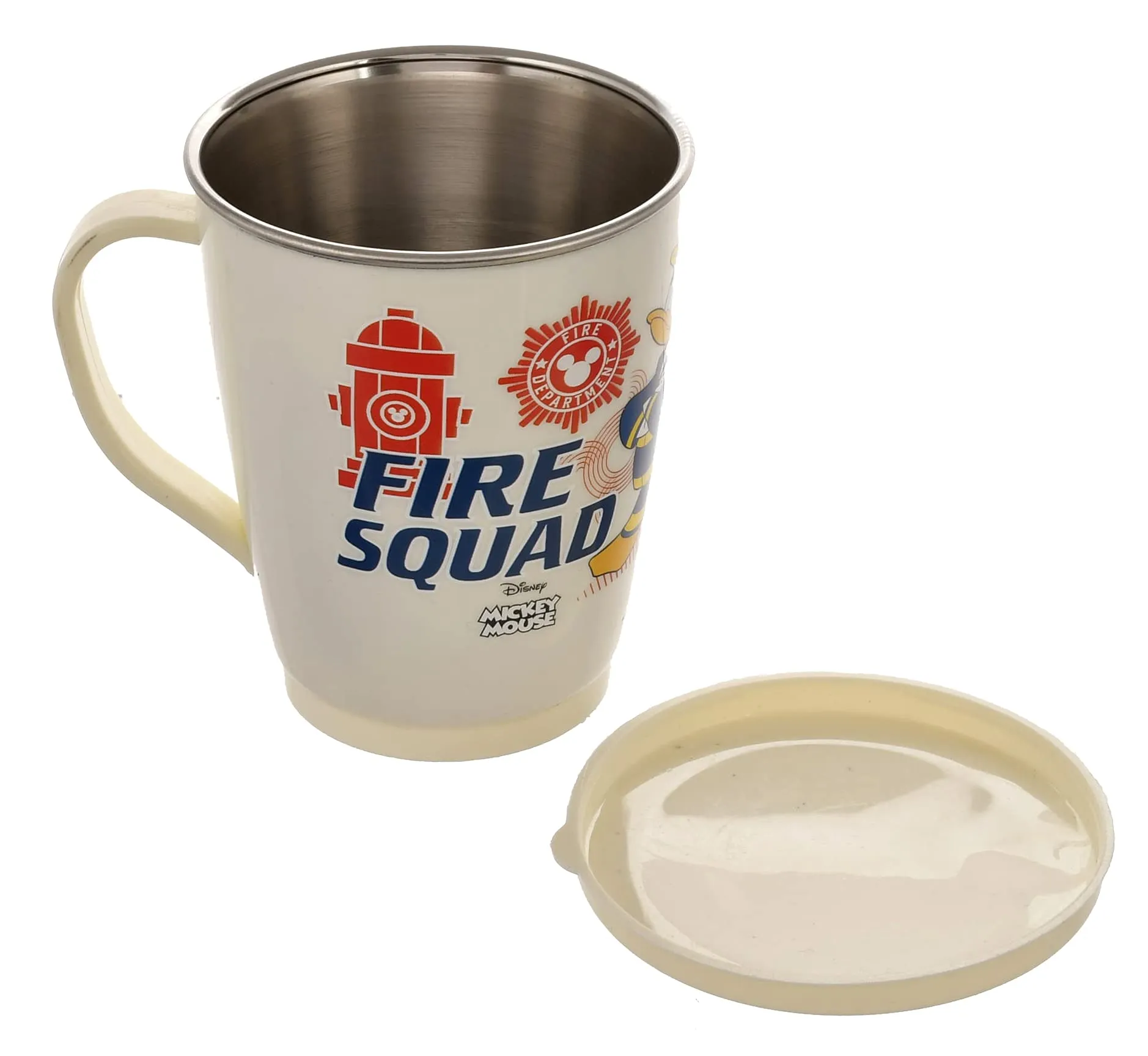 Kuber Industries Mickey Mouse & Friends Printed Food Grade BPA Free Tea/Coffee Mug for Coffee Tea Cocoa, Camping Mugs with Lid, Pack of 3 (Cream)