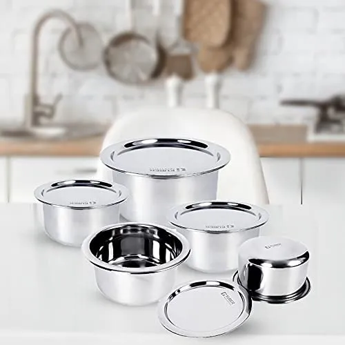 Kuber Industries Stainless Steel Dinner Plates and Tope/Patila/Cookware with Lids | Gas Stove and Induction Friendly | 5 Pcs Tope Set (800ml, 1L, 1.4L, 1.9L, and 2.4L) and Dinner Plates Set of 6 (diameter-29cm) | Induction Friendly | Rust Proof, Easy to