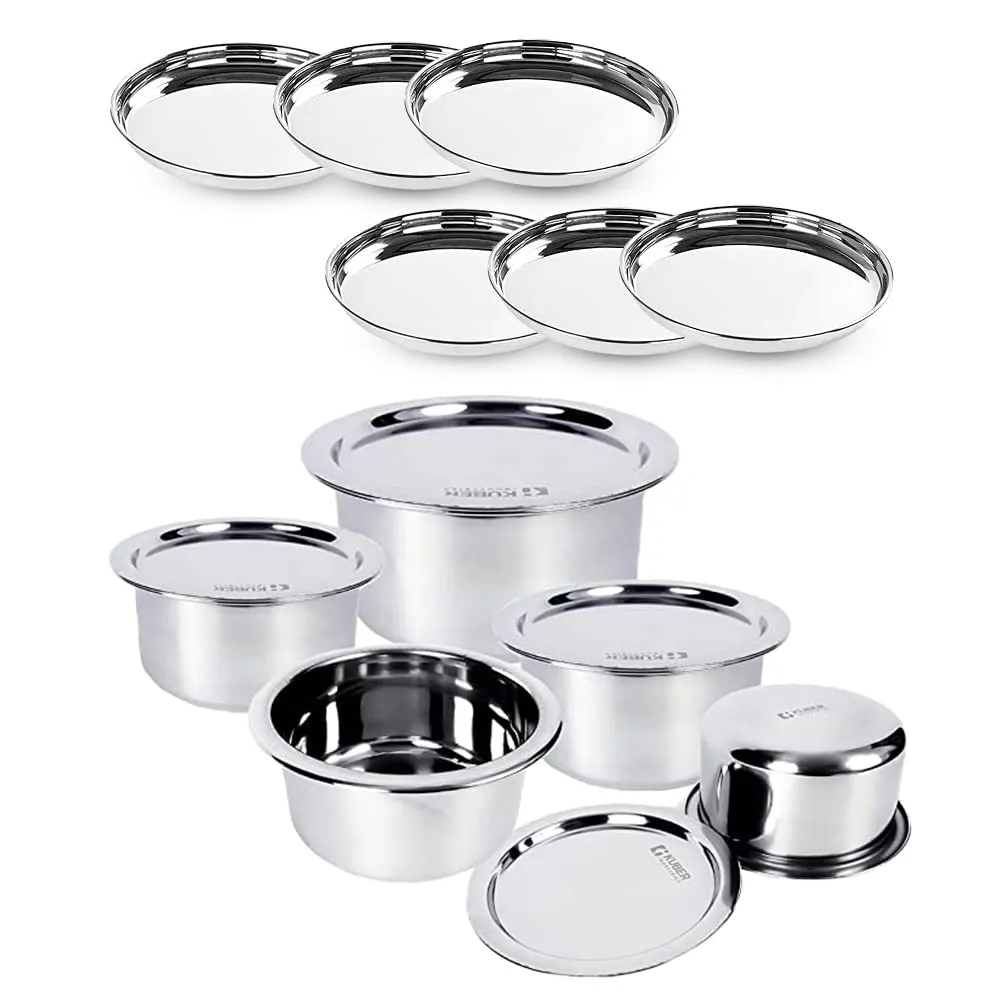 Kuber Industries Stainless Steel Dinner Plates and Tope/Patila/Cookware with Lids | Gas Stove and Induction Friendly | 5 Pcs Tope Set (800ml, 1L, 1.4L, 1.9L, and 2.4L) and Dinner Plates Set of 6 (diameter-29cm) | Induction Friendly | Rust Proof, Easy to