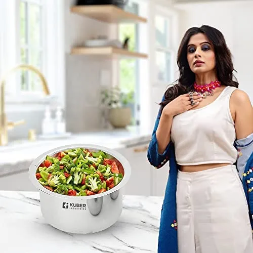 Kuber Industries Stainless Steel Dinner Plates and Tope/Patila/Cookware with Lids | Gas Stove and Induction Friendly | 5 Pcs Tope Set (800ml, 1L, 1.4L, 1.9L, and 2.4L) and Dinner Plates Set of 6 (diameter-29cm) | Induction Friendly | Rust Proof, Easy to