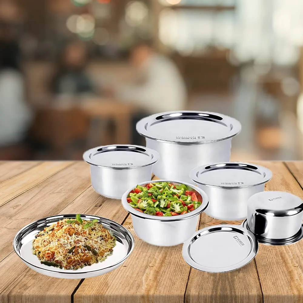 Kuber Industries Stainless Steel Dinner Plates and Tope/Patila/Cookware with Lids | Gas Stove and Induction Friendly | 5 Pcs Tope Set (800ml, 1L, 1.4L, 1.9L, and 2.4L) and Dinner Plates Set of 6 (diameter-29cm) | Induction Friendly | Rust Proof, Easy to