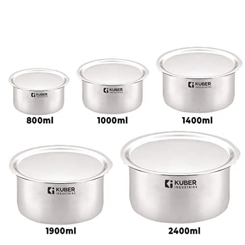 Kuber Industries Stainless Steel Dinner Plates and Tope/Patila/Cookware with Lids | Gas Stove and Induction Friendly | 5 Pcs Tope Set (800ml, 1L, 1.4L, 1.9L, and 2.4L) and Dinner Plates Set of 6 (diameter-29cm) | Induction Friendly | Rust Proof, Easy to