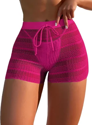 Leoparts Women's Hollow Out Cover Up Shorts High Waisted Semi Sheer Tie Front Cover Up Bottoms (Panty not Included)