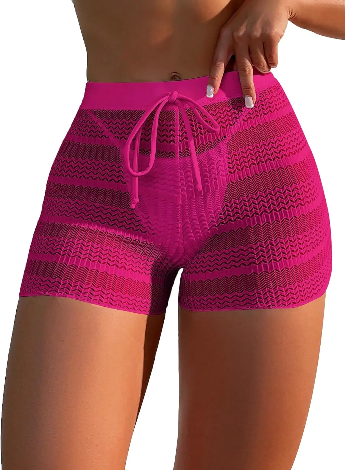 Leoparts Women's Hollow Out Cover Up Shorts High Waisted Semi Sheer Tie Front Cover Up Bottoms (Panty not Included)