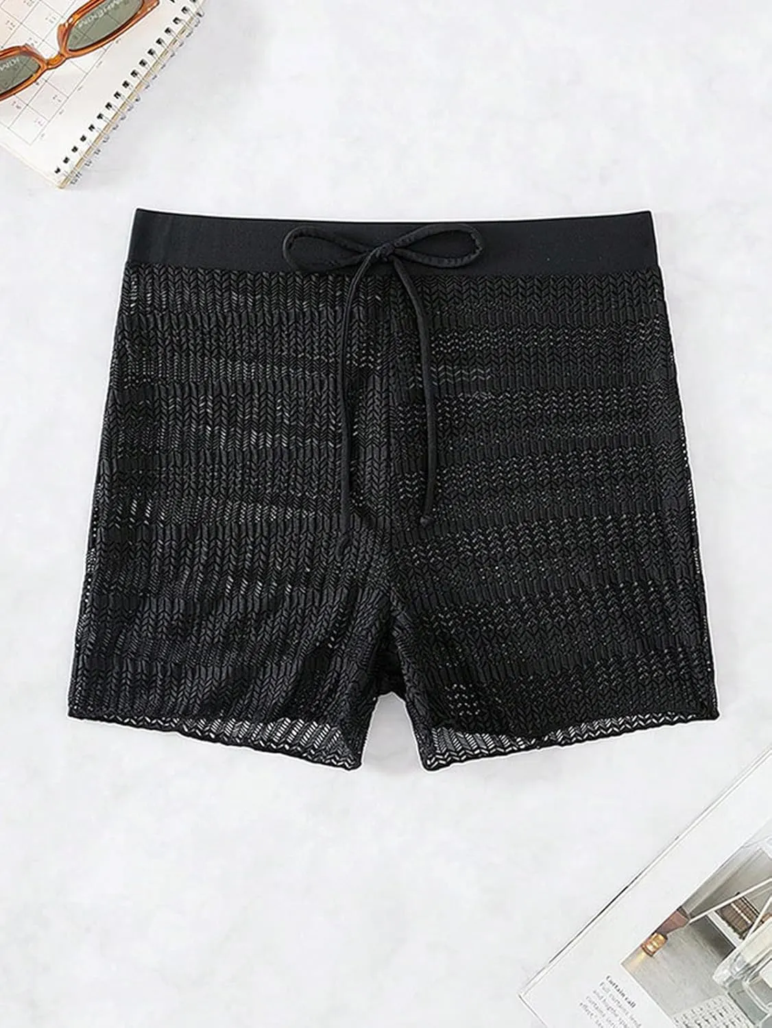 Leoparts Women's Hollow Out Cover Up Shorts High Waisted Semi Sheer Tie Front Cover Up Bottoms (Panty not Included)