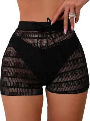 Leoparts Women's Hollow Out Cover Up Shorts High Waisted Semi Sheer Tie Front Cover Up Bottoms (Panty not Included)