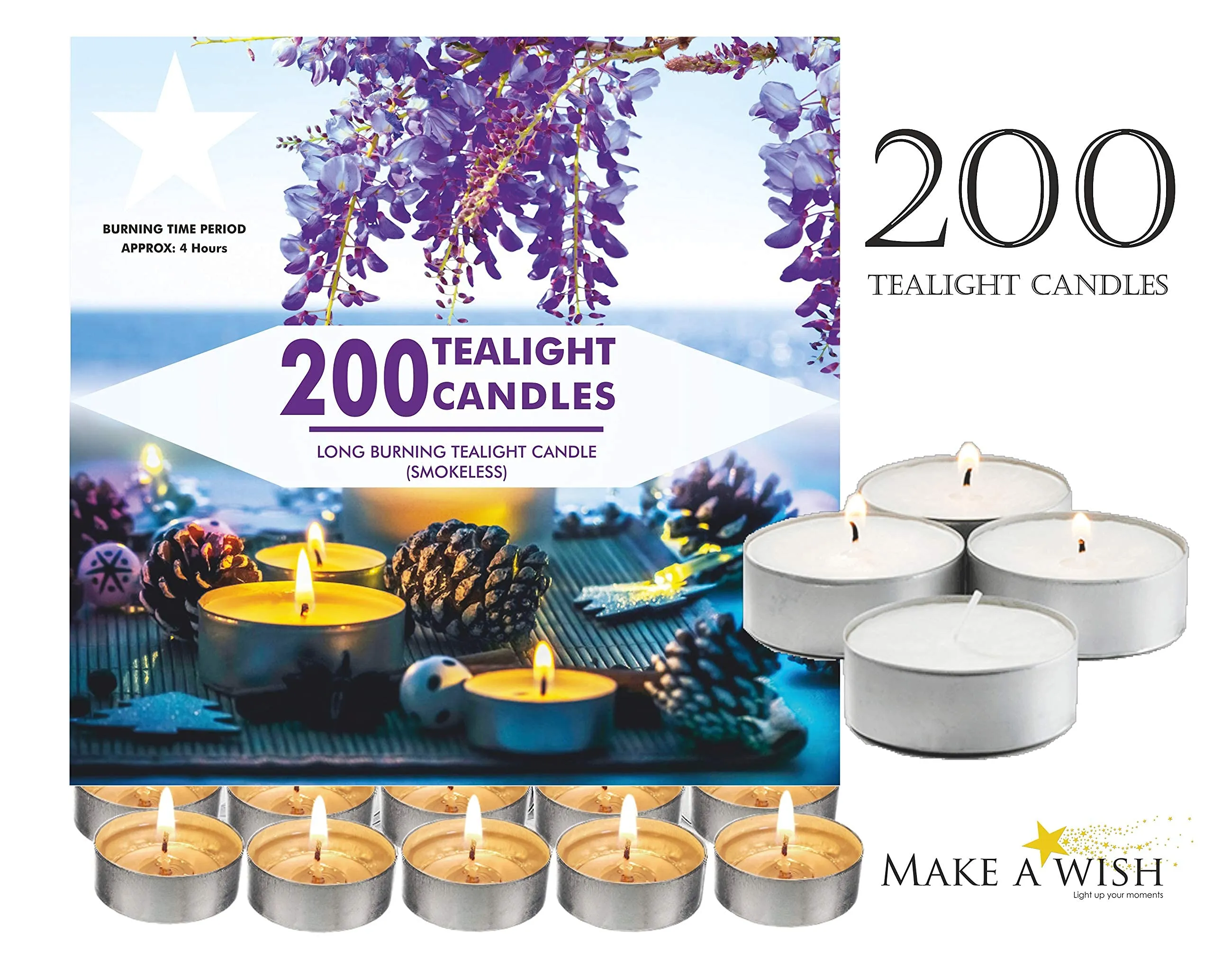 MAKE A WISH® Wax Tealight Candles for Diwali Party Special Occasion Decoration (White, 4 Hours Burn Time, 200 Pc)