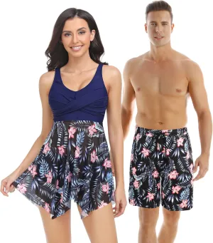 Matching Swimsuits for Couples Women Swimdress with Boy-Short Tankini Set Men Swim Trunks Board Short Modest Swimwear