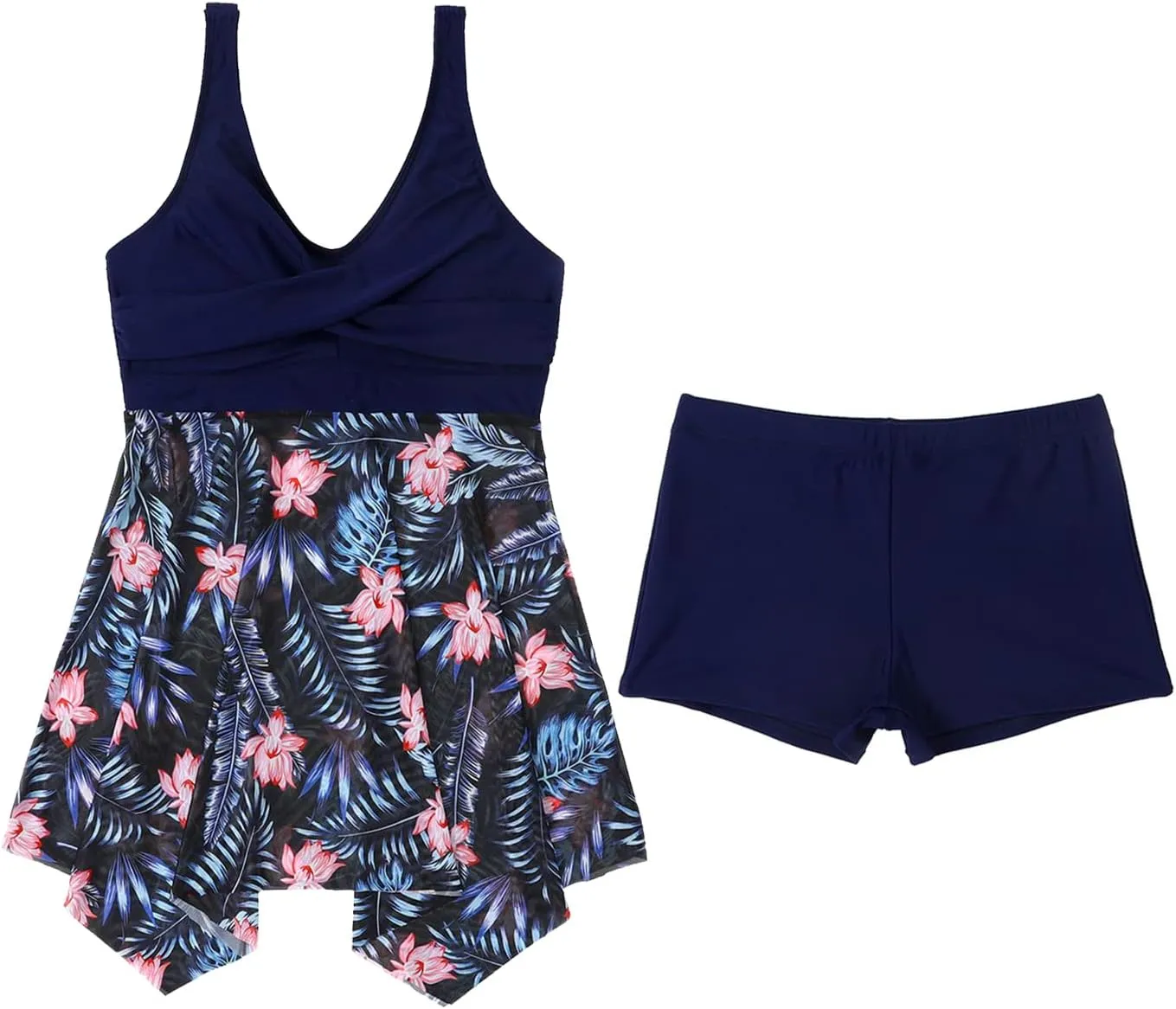 Matching Swimsuits for Couples Women Swimdress with Boy-Short Tankini Set Men Swim Trunks Board Short Modest Swimwear