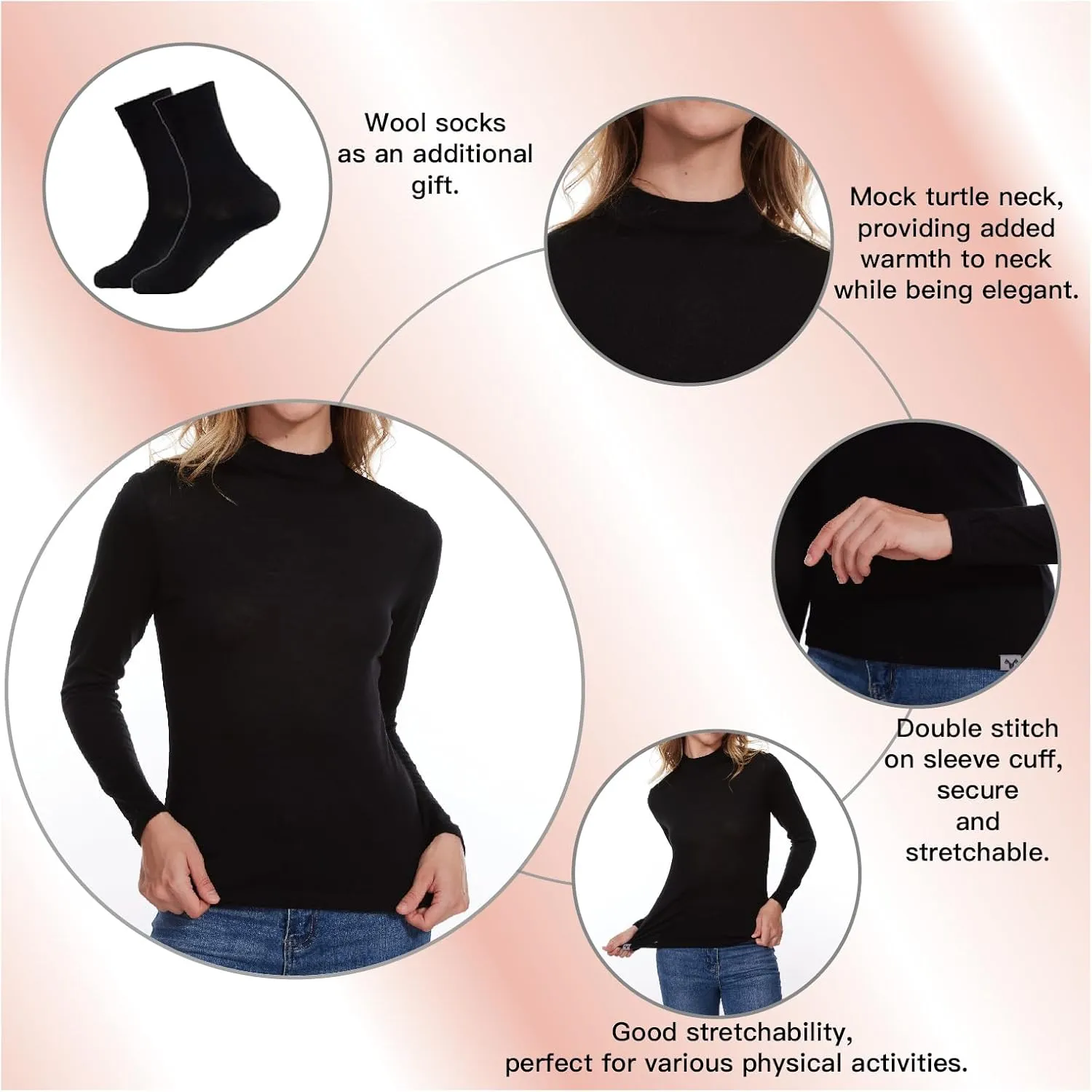Merino Wool Base Layer Women 100% Merino Wool Long Sleeve Thermal Shirts for Women for Skiing Hiking Womens Turtle Neck Top