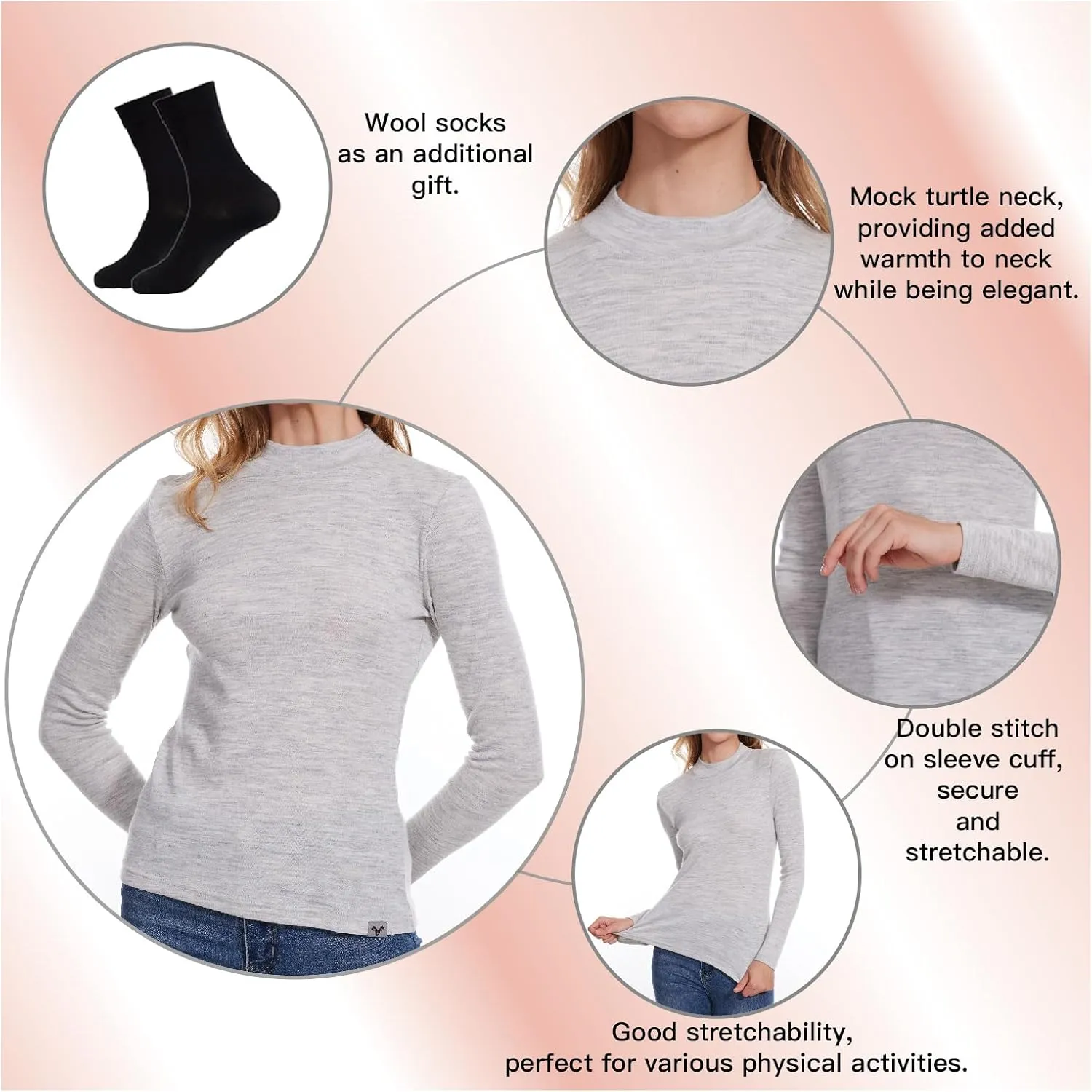 Merino Wool Base Layer Women 100% Merino Wool Long Sleeve Thermal Shirts for Women for Skiing Hiking Womens Turtle Neck Top
