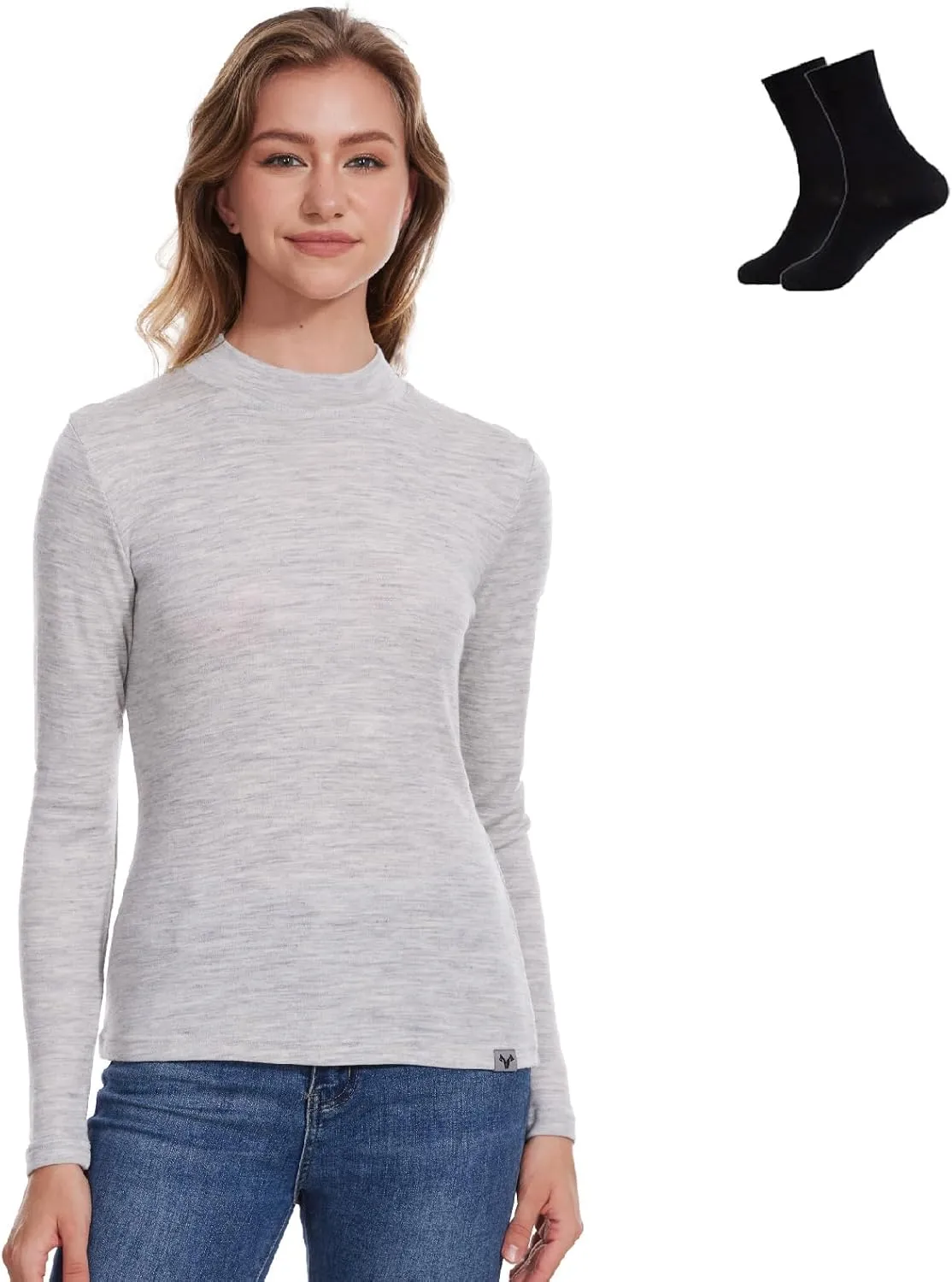 Merino Wool Base Layer Women 100% Merino Wool Long Sleeve Thermal Shirts for Women for Skiing Hiking Womens Turtle Neck Top