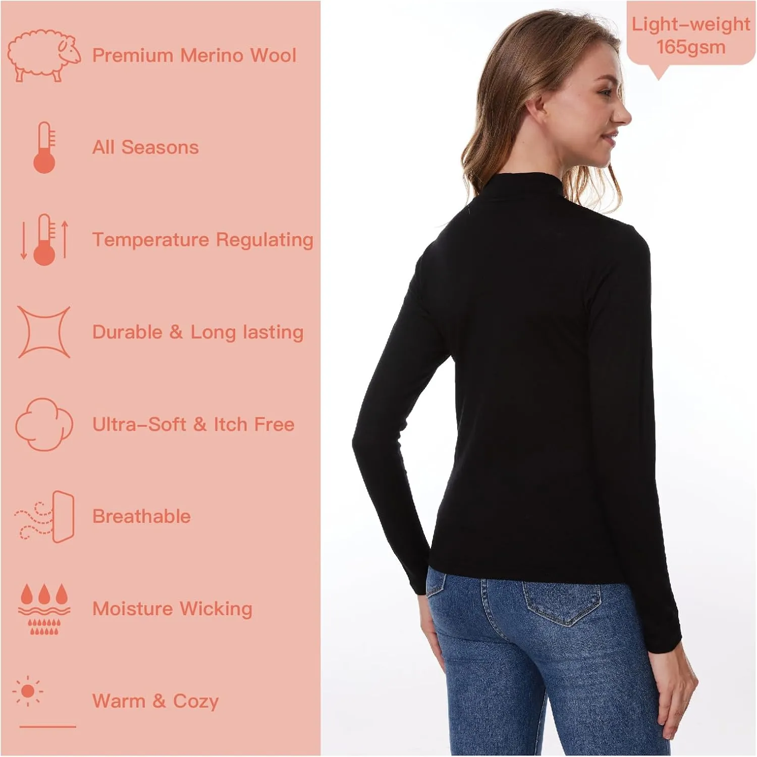 Merino Wool Base Layer Women 100% Merino Wool Long Sleeve Thermal Shirts for Women for Skiing Hiking Womens Turtle Neck Top
