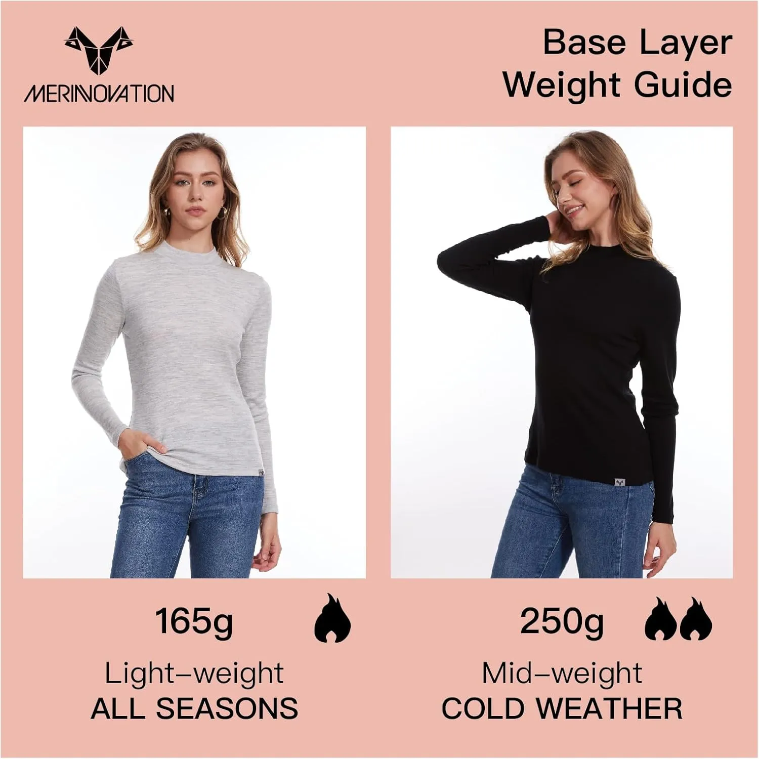 Merino Wool Base Layer Women 100% Merino Wool Long Sleeve Thermal Shirts for Women for Skiing Hiking Womens Turtle Neck Top