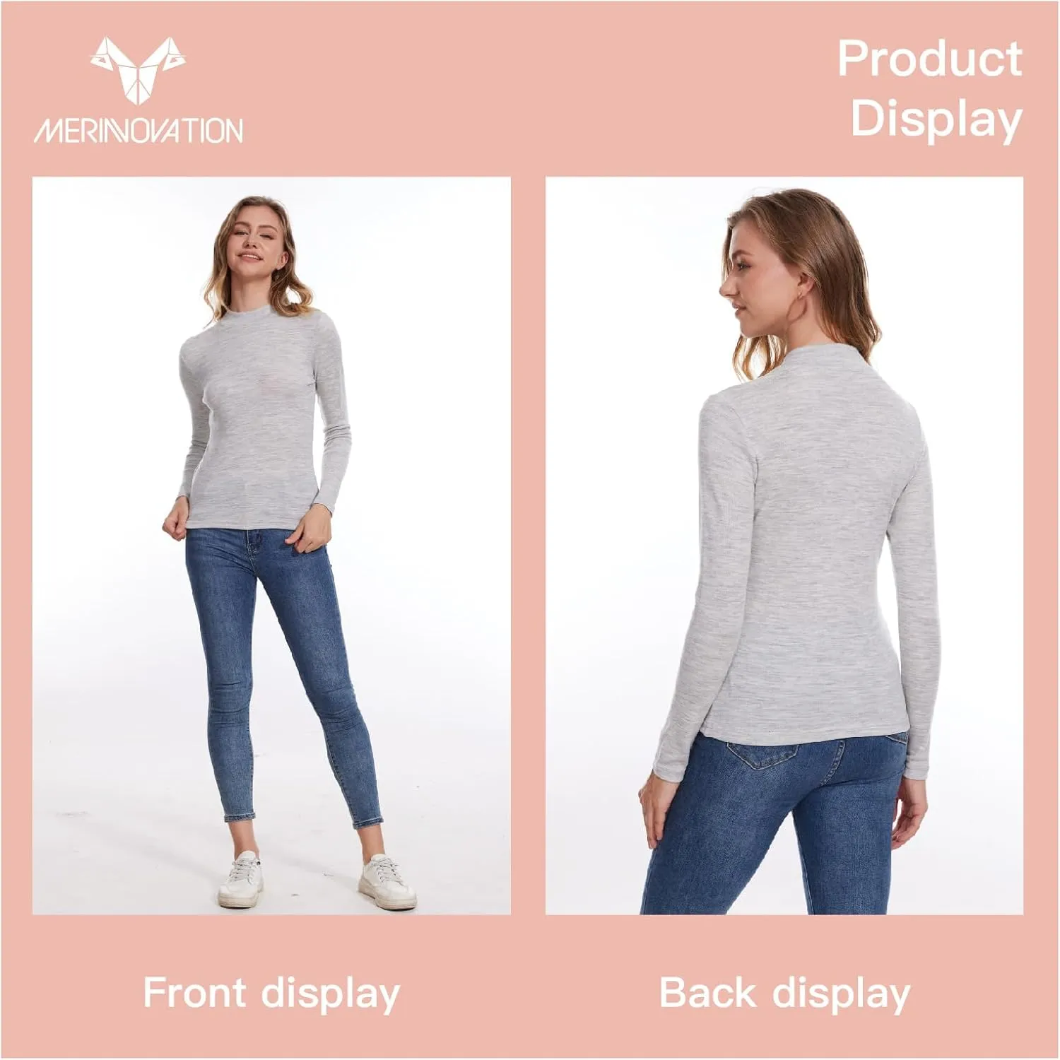 Merino Wool Base Layer Women 100% Merino Wool Long Sleeve Thermal Shirts for Women for Skiing Hiking Womens Turtle Neck Top