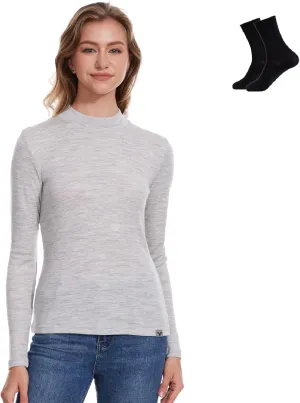 Merino Wool Base Layer Women 100% Merino Wool Long Sleeve Thermal Shirts for Women for Skiing Hiking Womens Turtle Neck Top