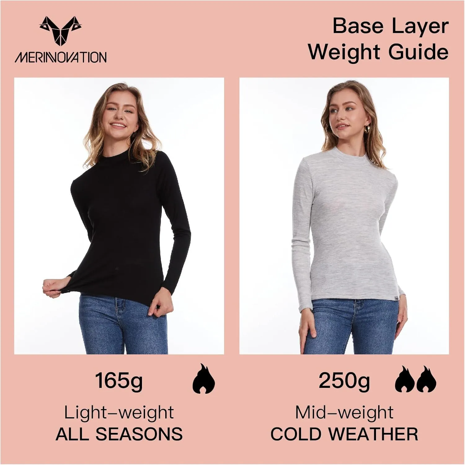 Merino Wool Base Layer Women 100% Merino Wool Long Sleeve Thermal Shirts for Women for Skiing Hiking Womens Turtle Neck Top