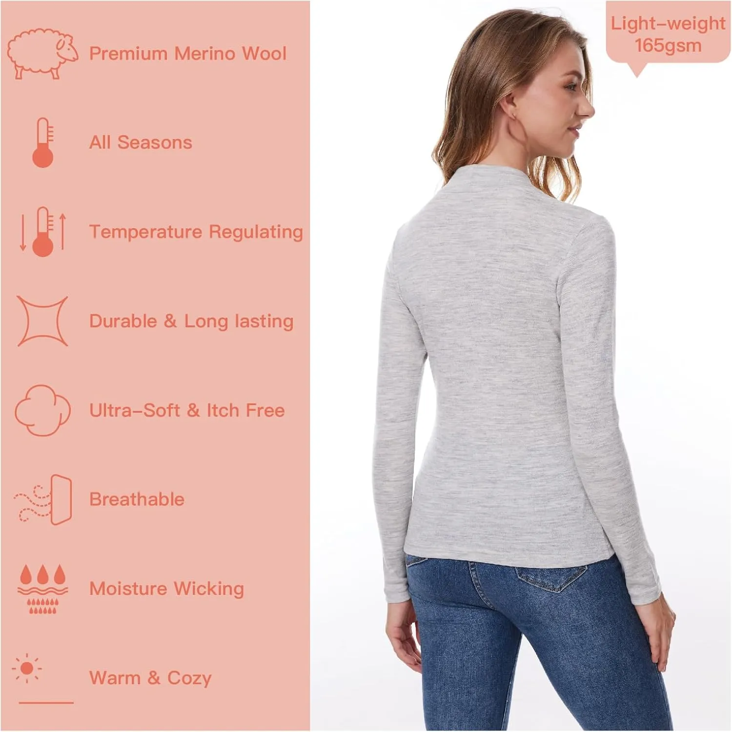 Merino Wool Base Layer Women 100% Merino Wool Long Sleeve Thermal Shirts for Women for Skiing Hiking Womens Turtle Neck Top