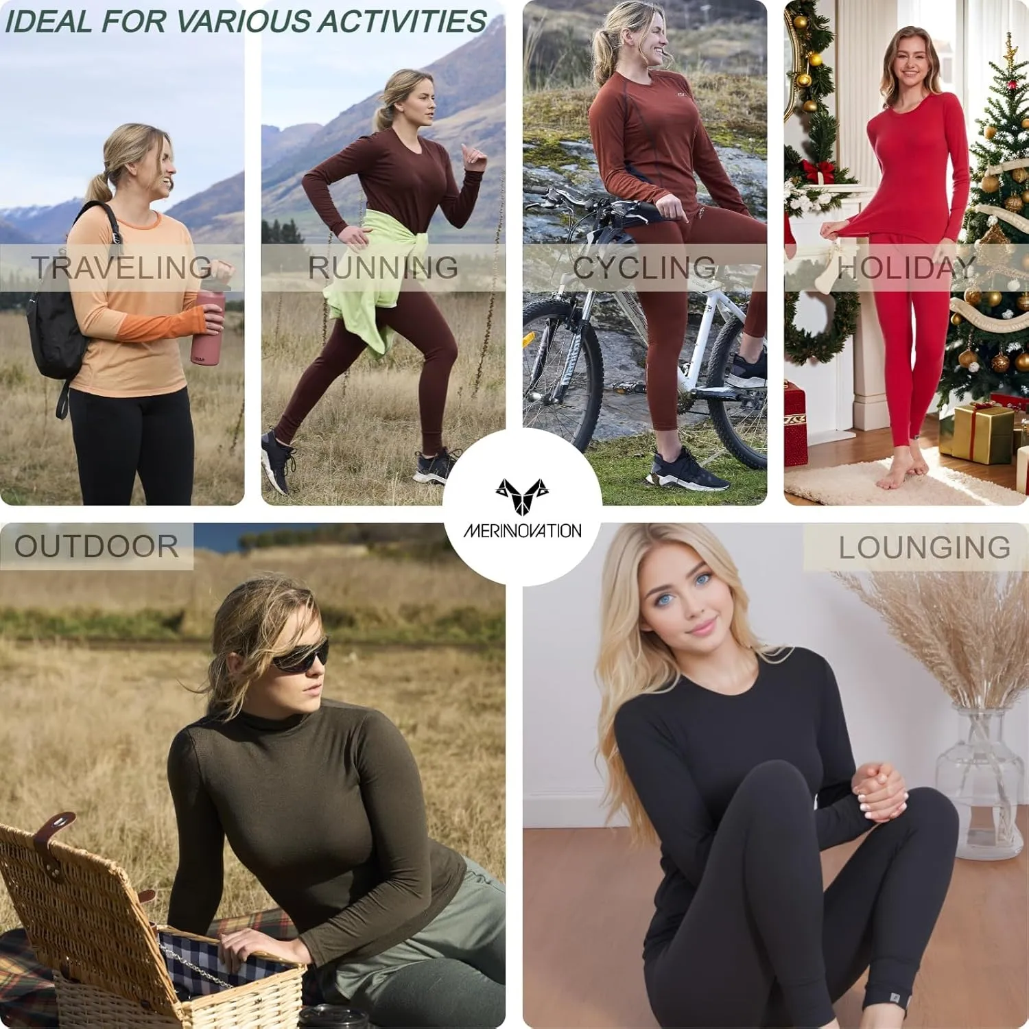 Merino Wool Base Layer Women 100% Merino Wool Long Sleeve Thermal Shirts for Women for Skiing Hiking Womens Turtle Neck Top